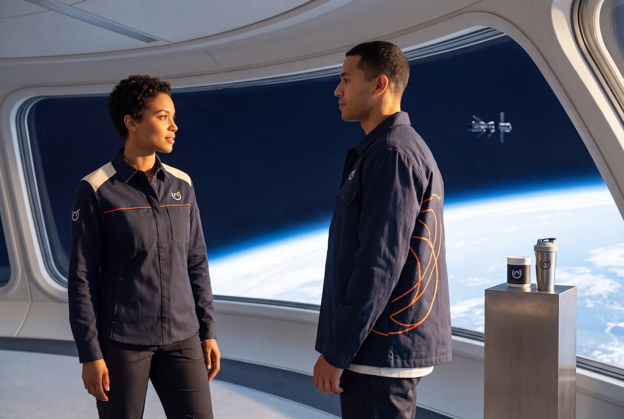 Two people in ORION training kit beside an orbital window