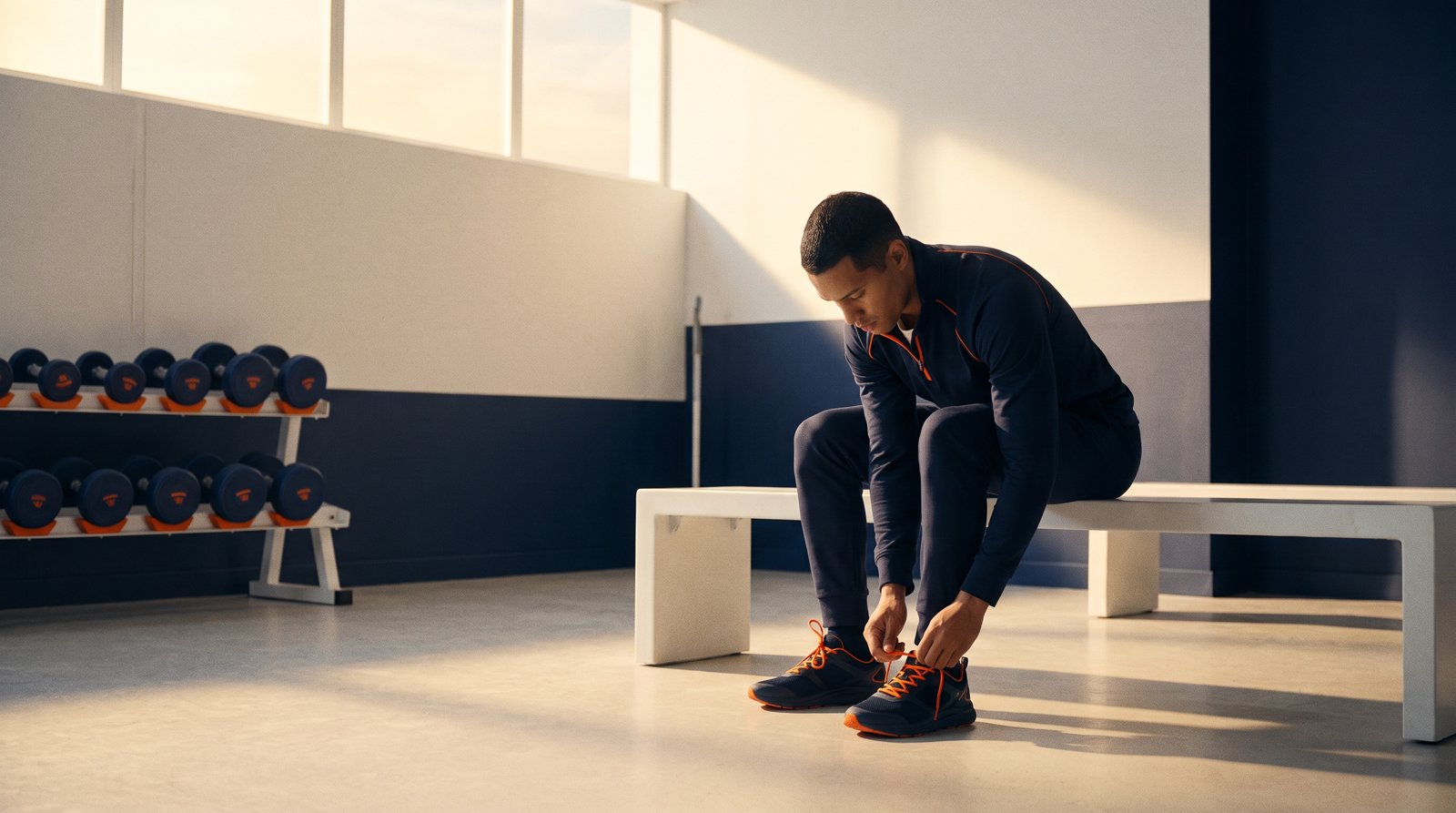 A person lacing shoes on a bench in an empty early morning gym