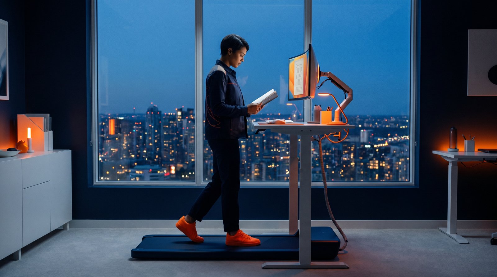 A standing desk with a walking pad in a navy home office at dusk