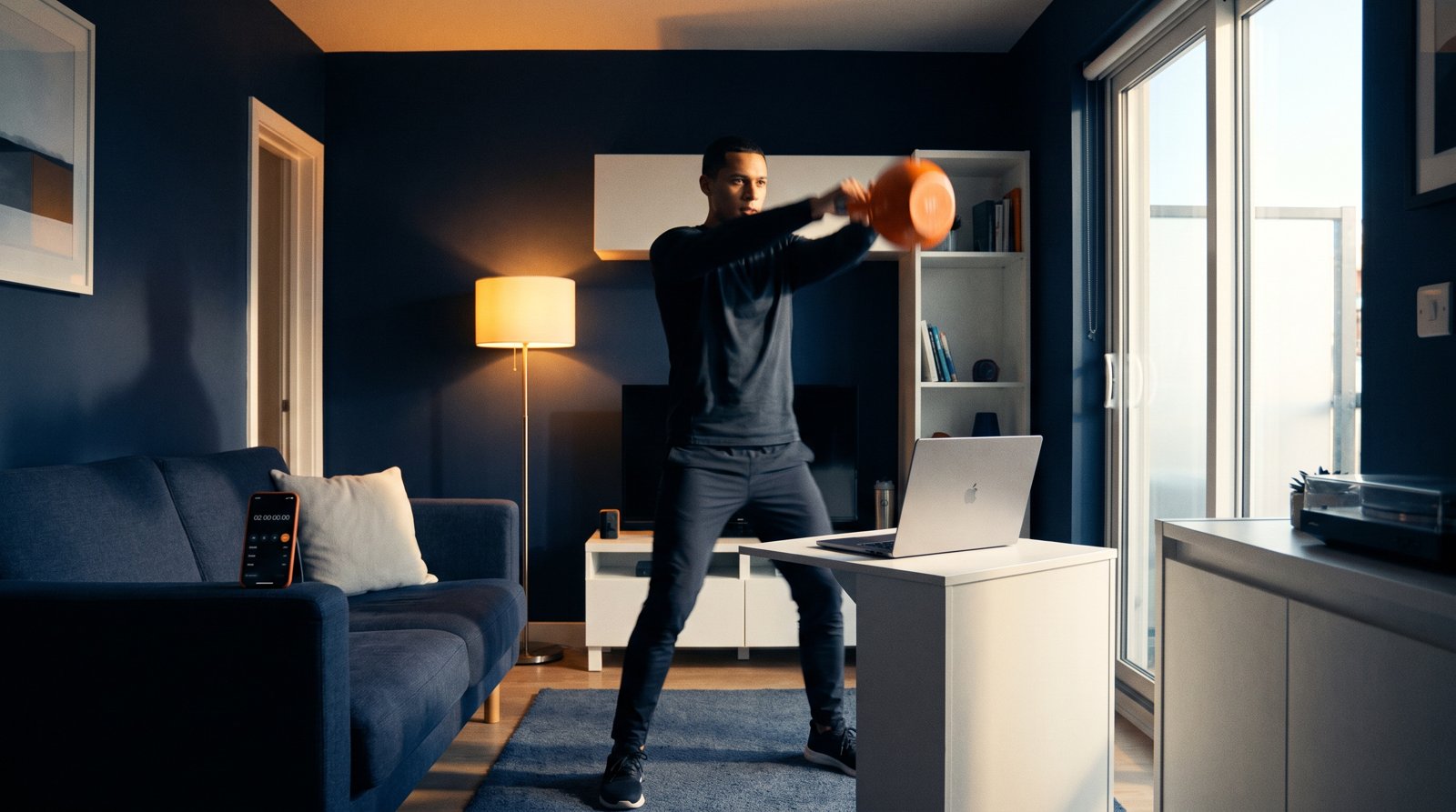 A kettlebell swing in a small living room beside a laptop and phone timer