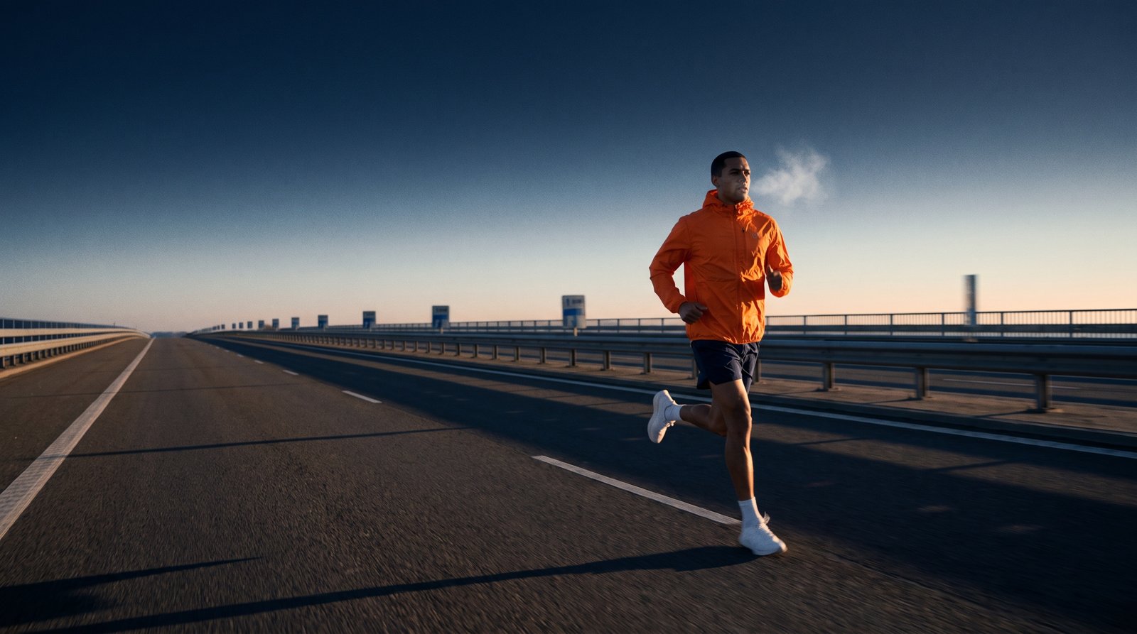 A lone runner crossing an empty bridge at dawn