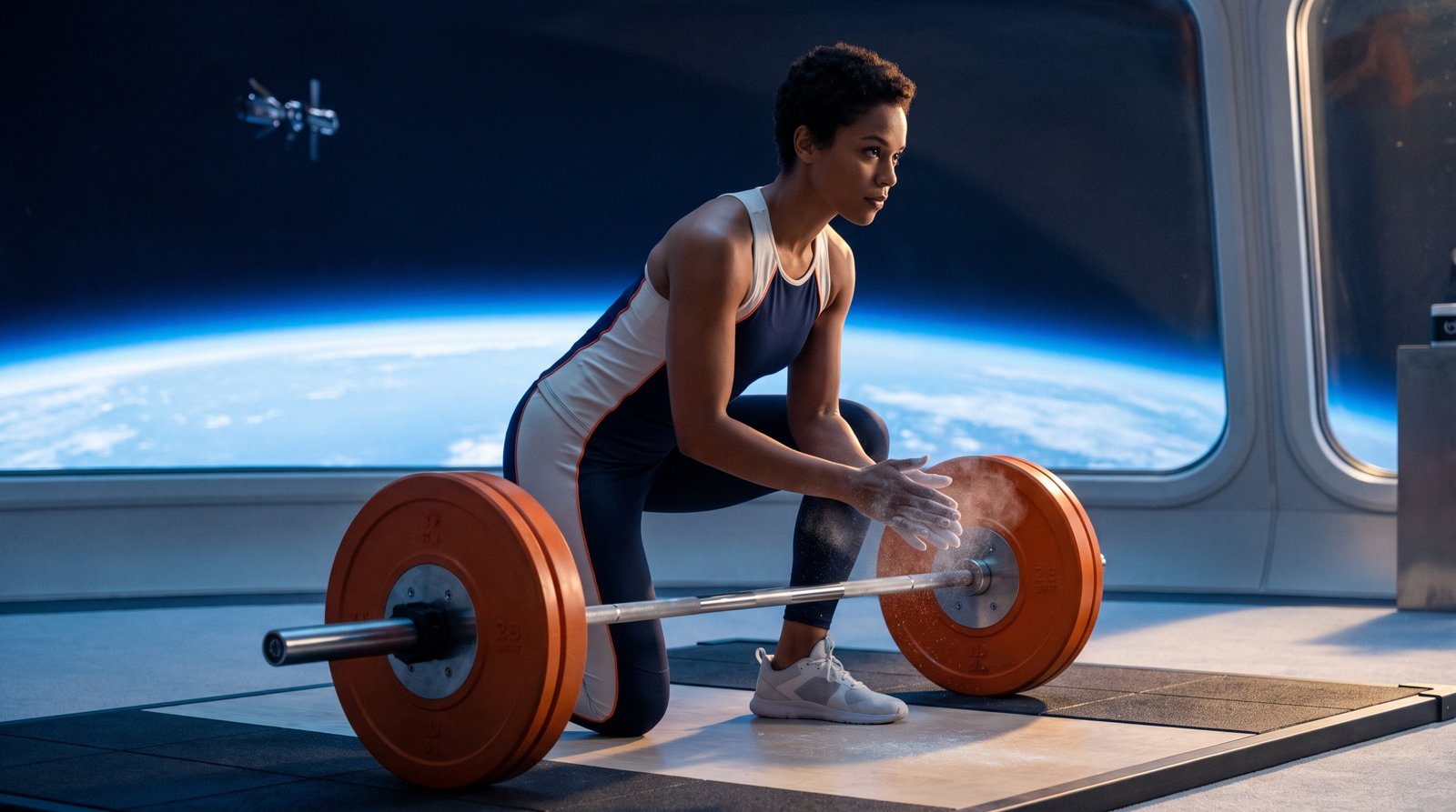 A lifter chalking up at a loaded barbell beside an orbital window