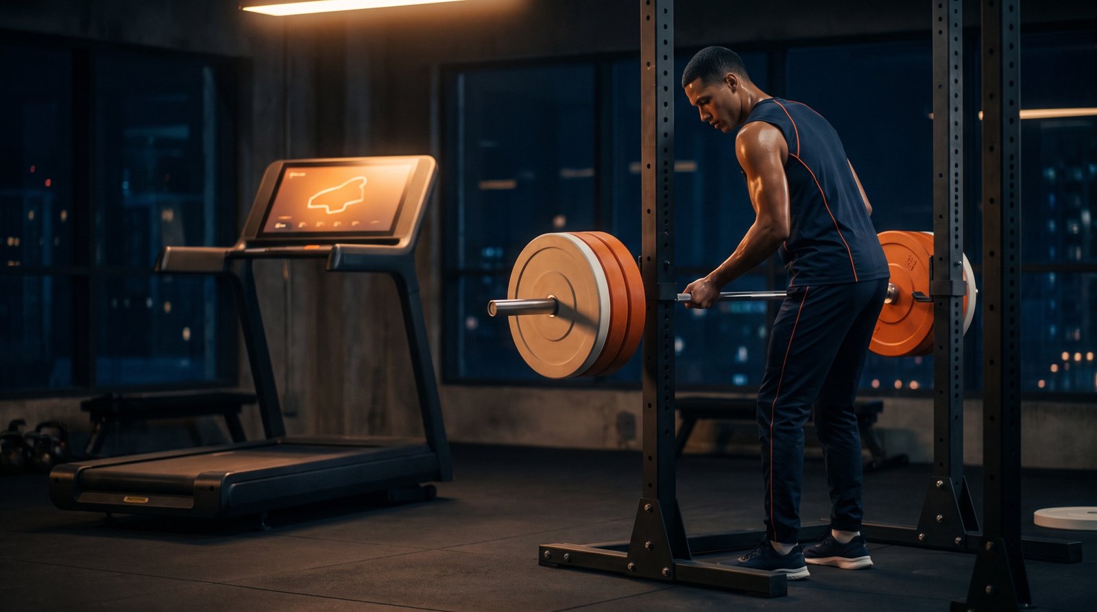 A lifter racking a barbell while a treadmill waits beside the platform