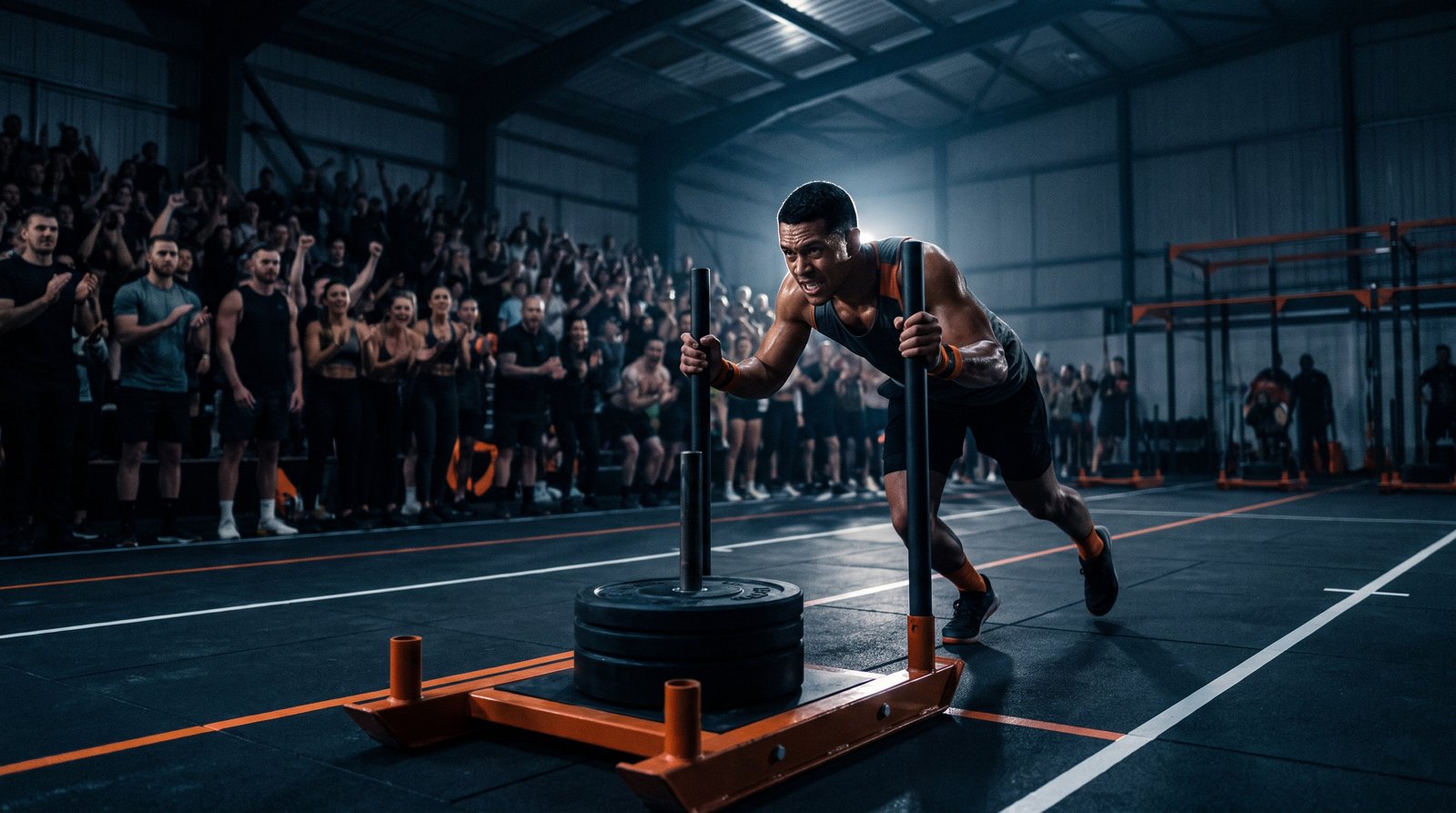 An athlete mid sled push in an indoor fitness race venue