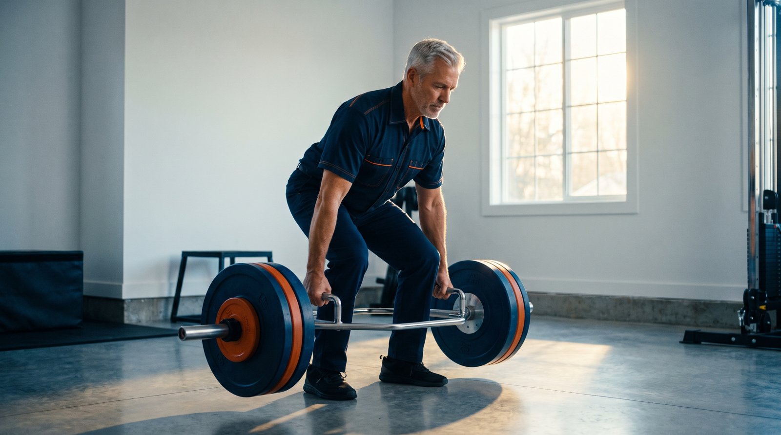 A silver haired lifter setting up a trap bar deadlift in a garage gym