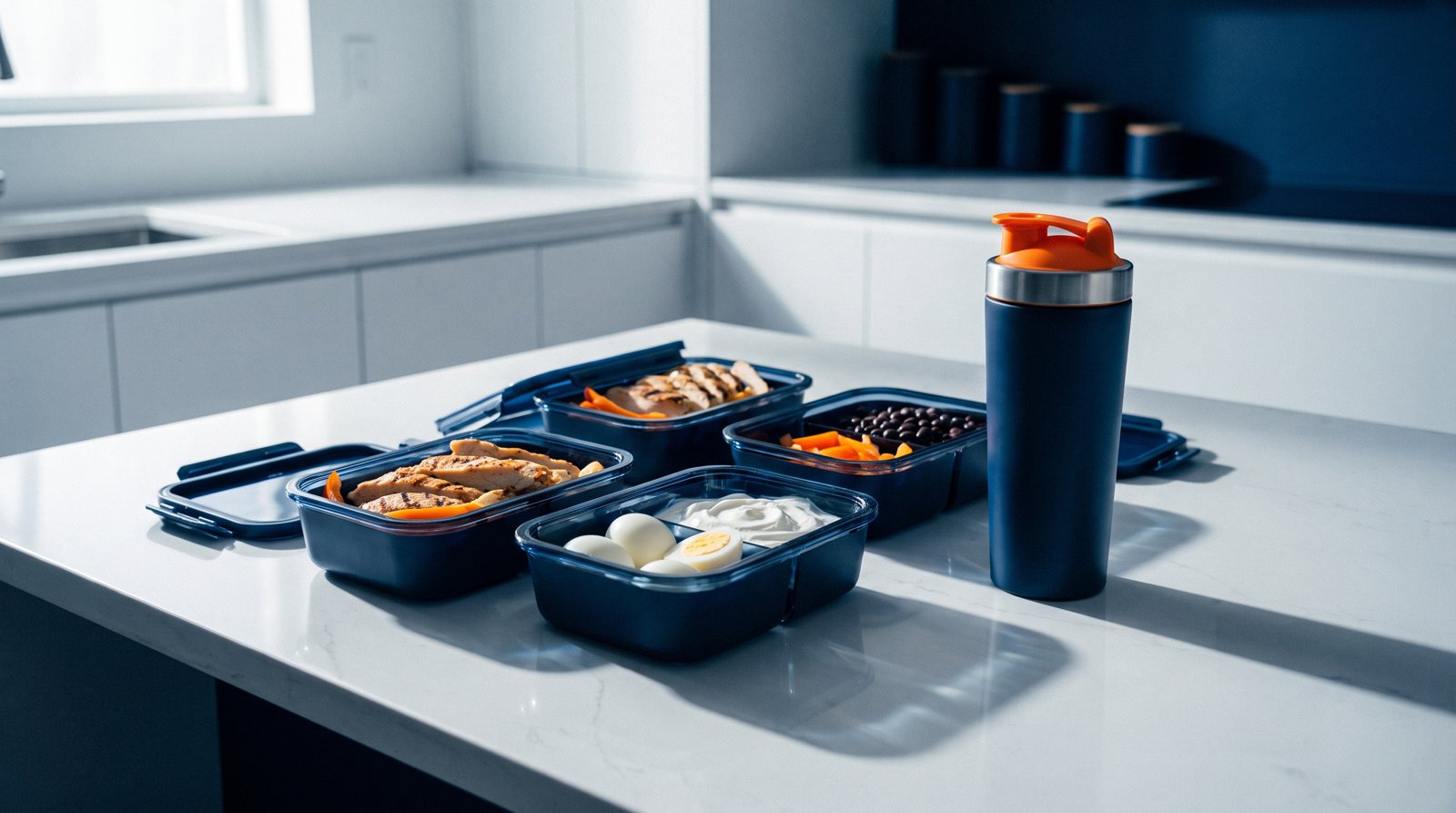 Morning meal prep containers and a navy shaker bottle on a kitchen counter