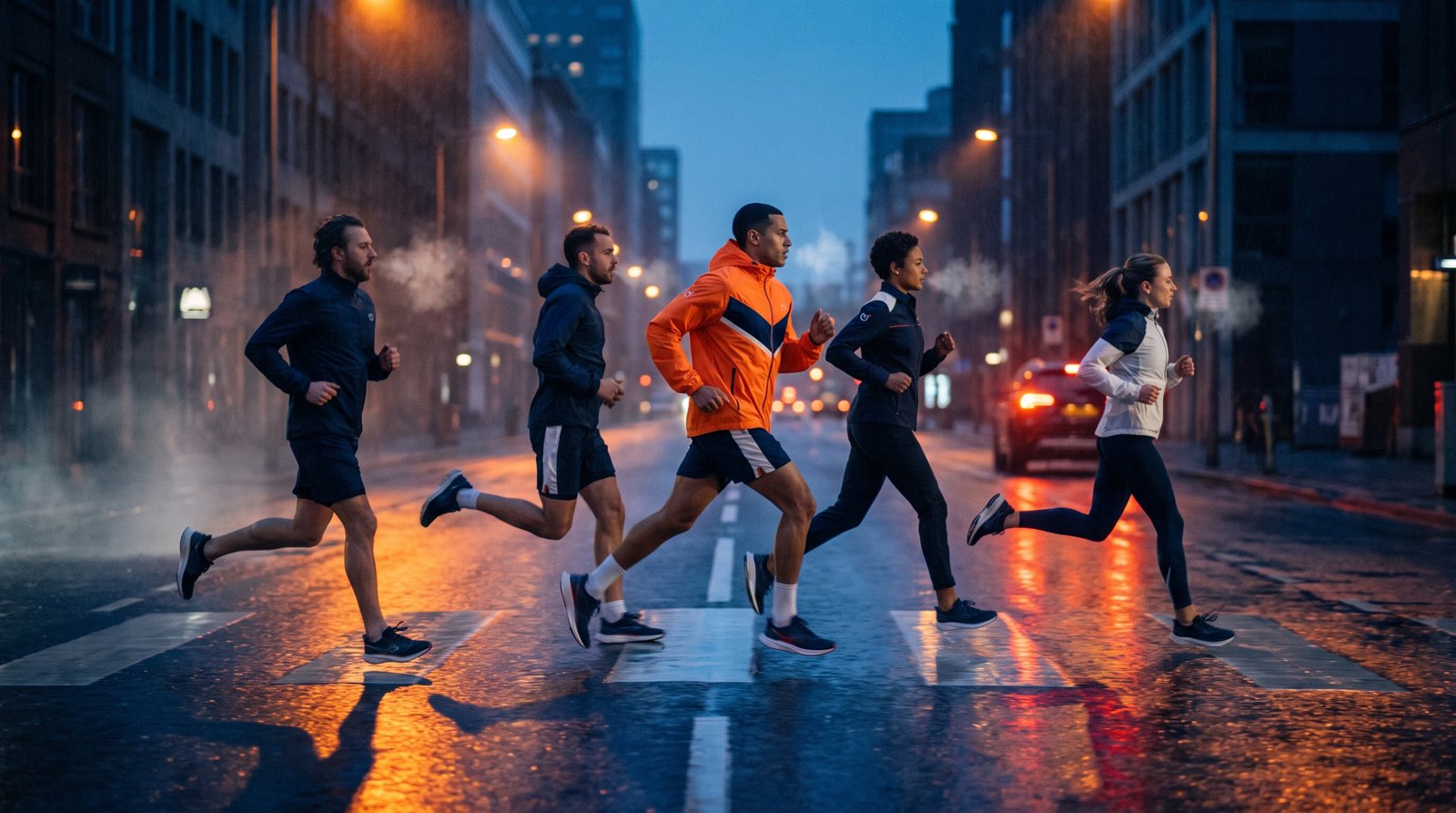 A small run club crossing a rain wet city street at dusk