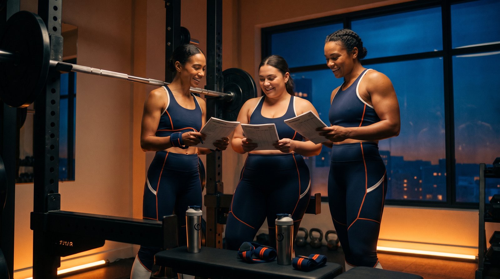 Three women comparing training logbooks beside a squat rack