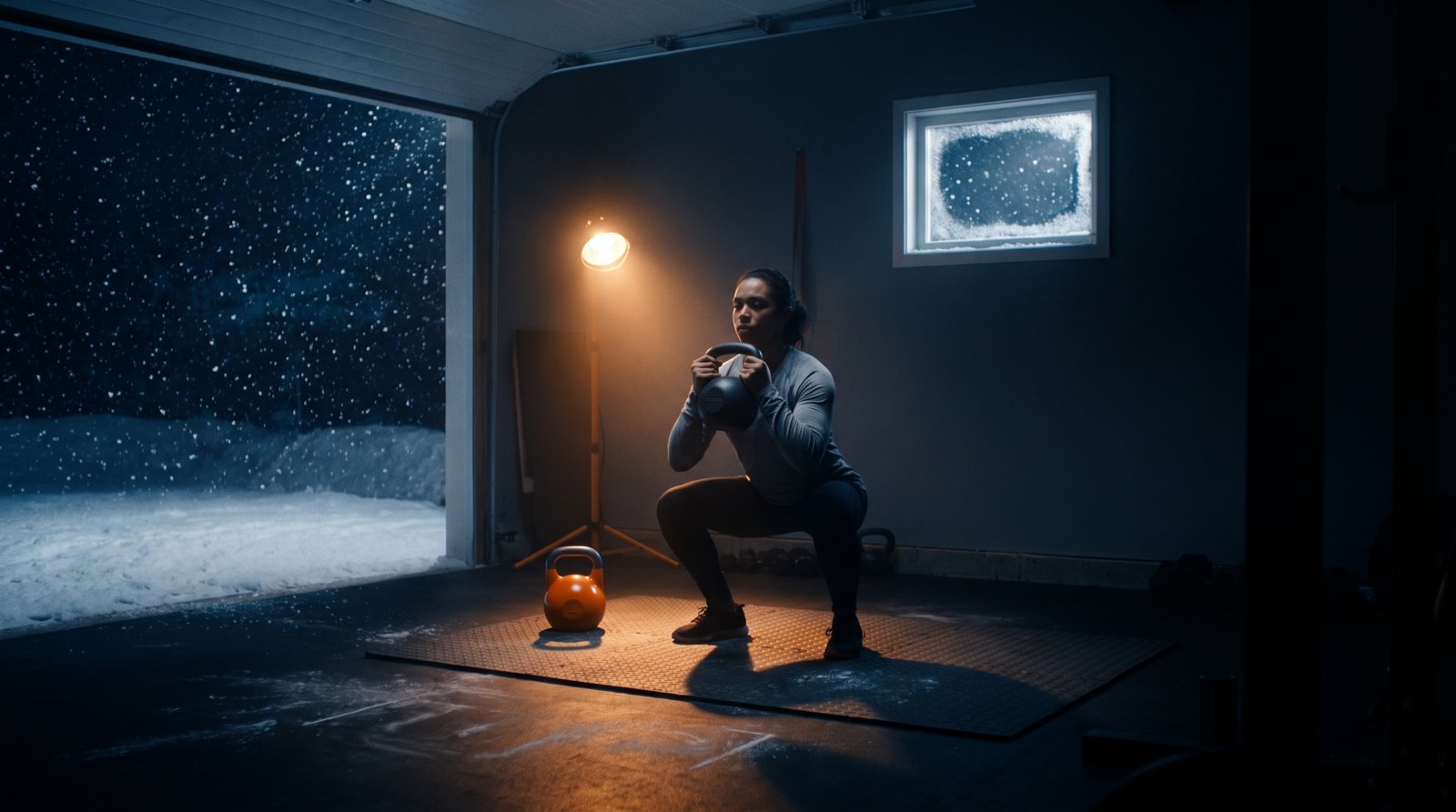 A garage gym on a winter night with snow visible through the window