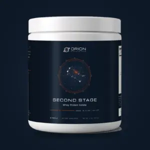 Second Stage Whey Protein Isolate tub, Orion Provisions star plate label