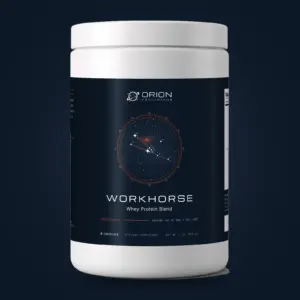 Workhorse Whey Protein Blend tub, Orion Provisions, Provision 01 Taurus star plate label